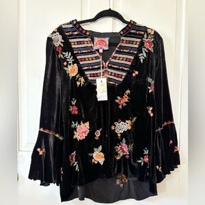 JOHNNY WAS Sisilia Velvet flare Sleeve Blouse Tunic Top
